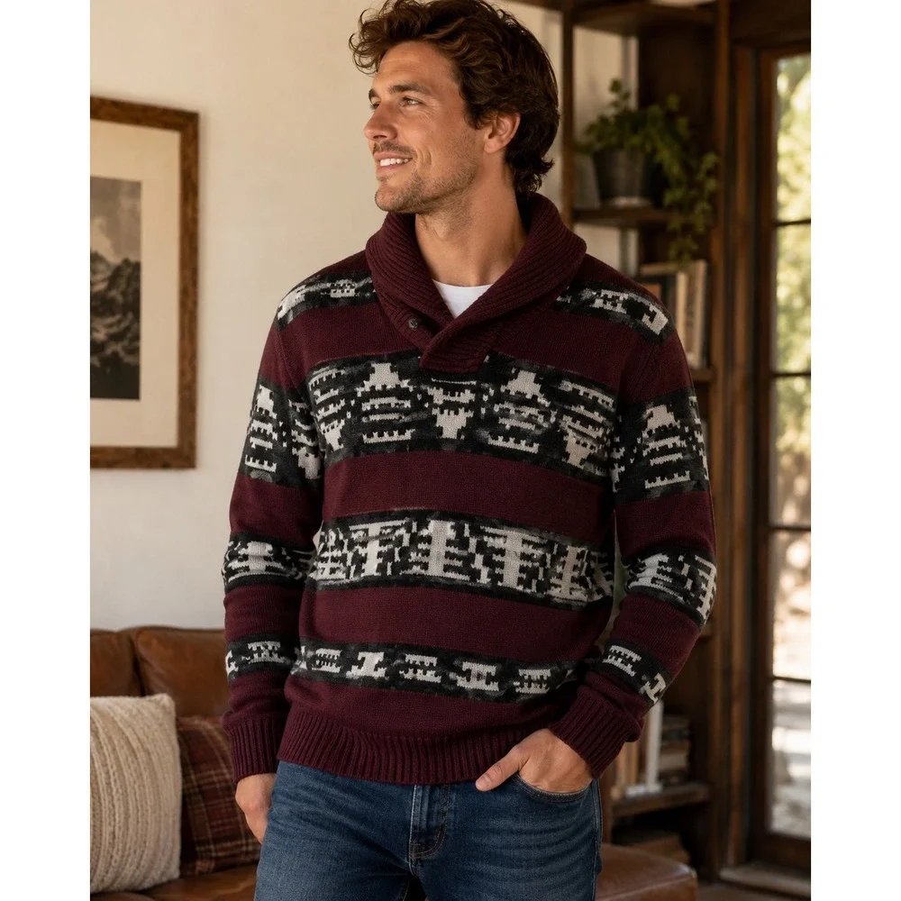 American Eagle Mens Shawl Collar Sweater Medium Burgundy Grey Geometric Knit‎ M9